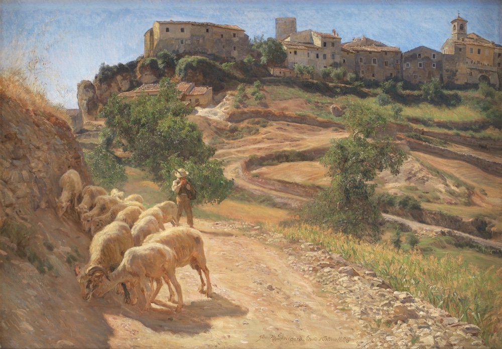 Pastoral,Scene,With,Shepherd,Guiding,Sheep,Along,A,Rural,Path. Pastoral,Scene,With,Shepherd,Guiding,Sheep,Along,A,Rural,Path.